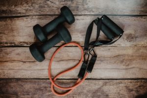 exercise bands and dumbbells
